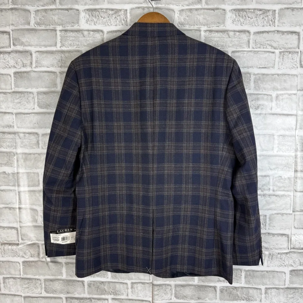 Lauren Ralph Lauren Mens Ultraflex Navy Brown Plaid Wool Blazer 42 Long LETO12P